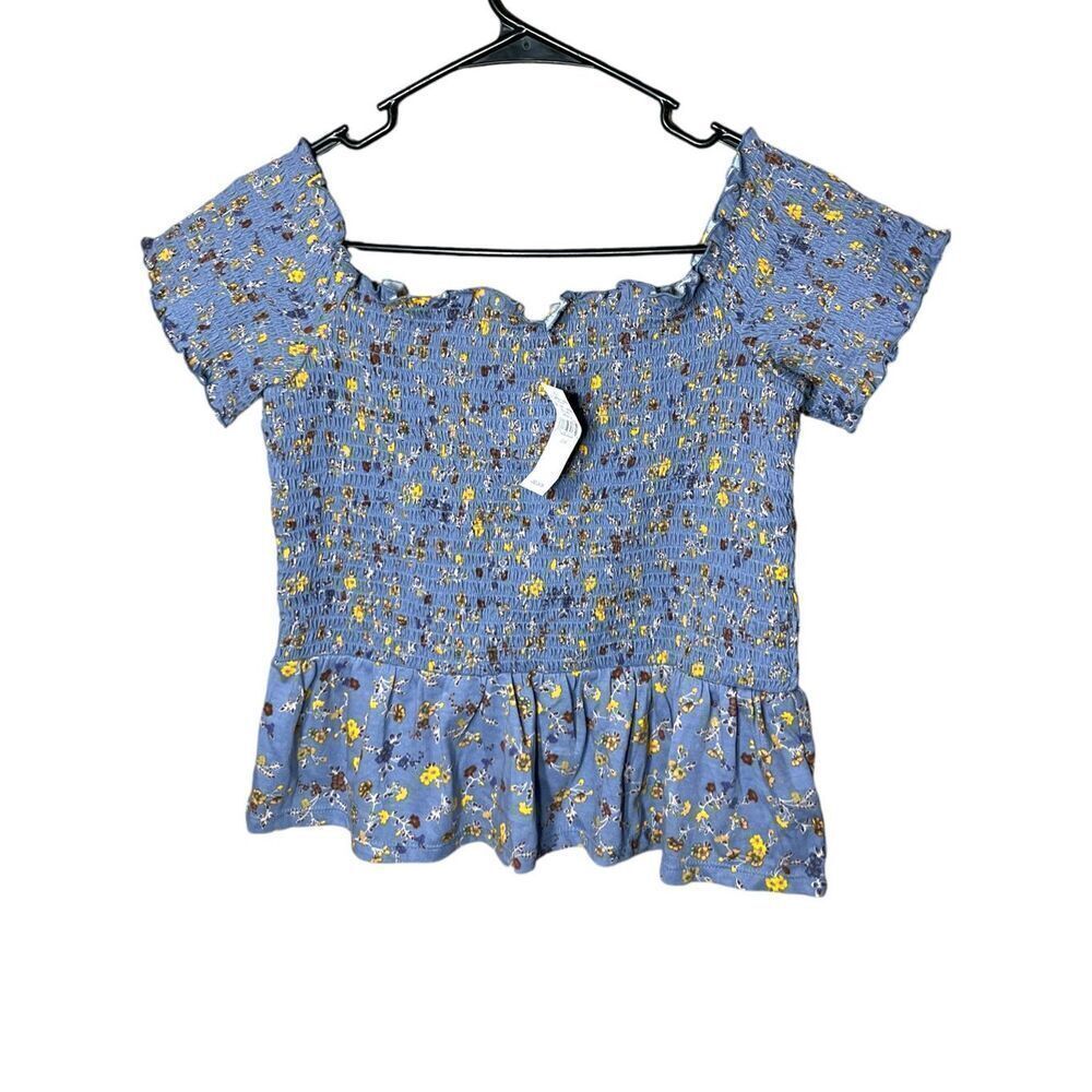 American Eagle Blue Floral Smocked‎ Peplum Milkmaid Off The Shoulder Top M NWT